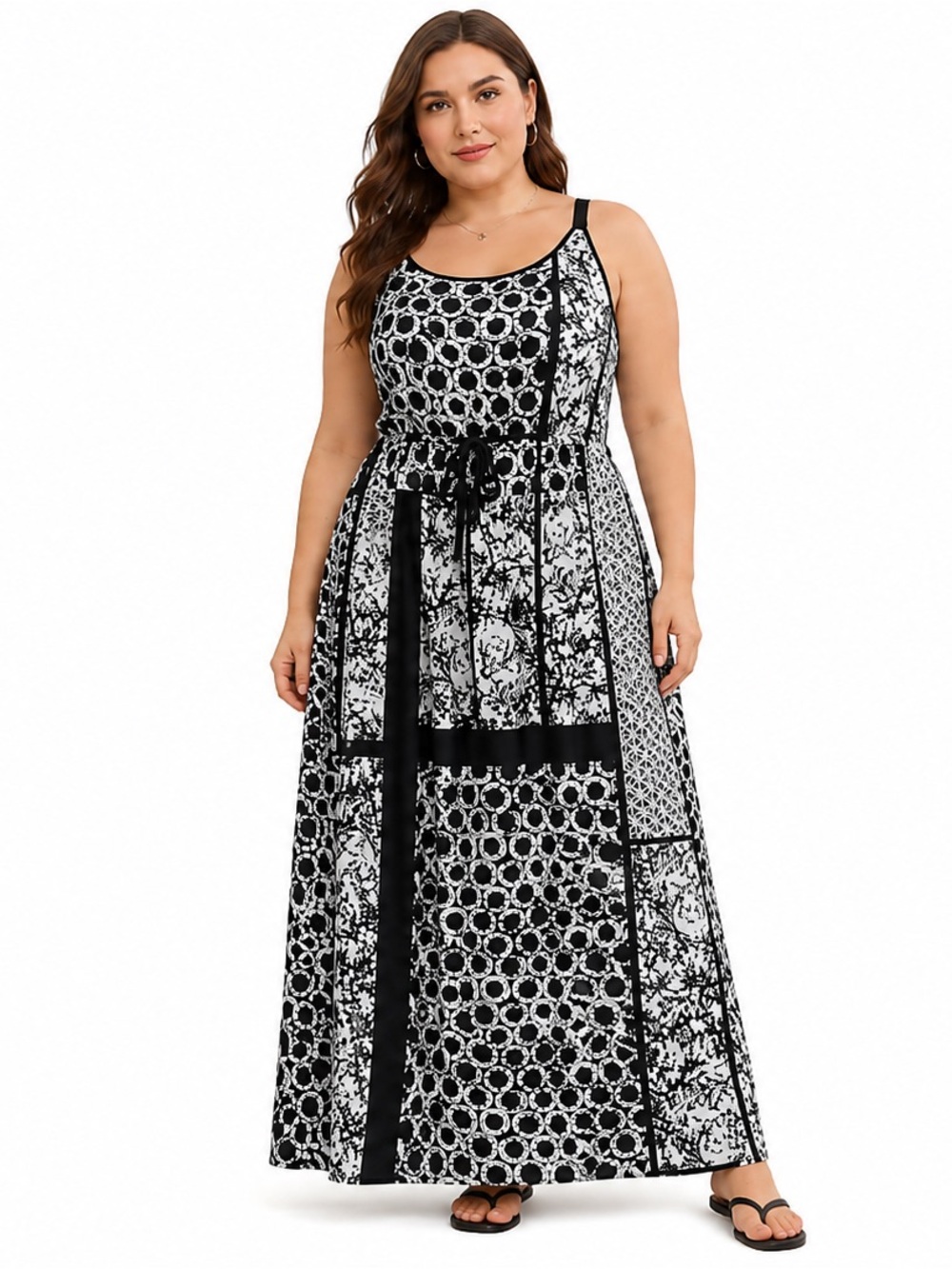 Micheal Kors Plus Size Dark Blue and White Printed Maxi Dress with Tie Waist
